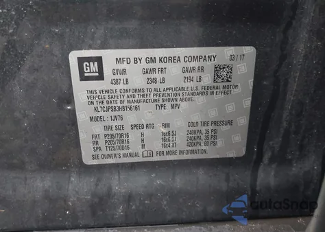 2017 Chevrolet Trax Lt z USA, uszkodzony, nr VIN KL7CJPSB3HB156161